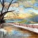 Original Watercolor Painting Winter Landscape Scene with Sunset Lake Snow Trees Beautiful blue sky and clouds 14 x 10.5