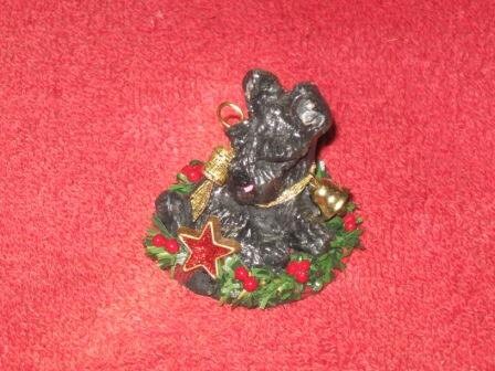 Vintage Style CHRISTMAS SCOTTY Dog Ornament with Gold Bow Holly Pine Wreath and Bell Scottish Terrier