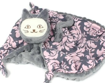 Animal Security Blanket, Child's Blanket, Cat Blanket Doll, Grey Minky and Pink Damask, Lovey for a Baby Girl