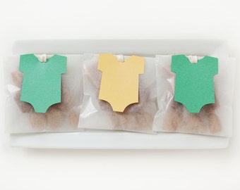 Green and Yellow Onesie Baby Shower Favors (other colors avail) - Fleur de Sel Caramels in Eco Glassine Envelopes - 25 Guests