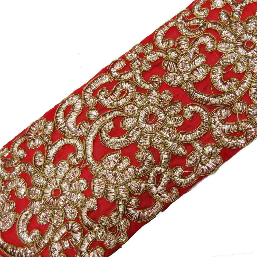 5 Inch Wide Red Fabric Trim MetallicThread Floral Border