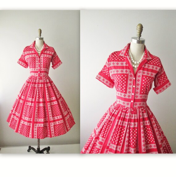 50s Shirtwaist Dress // Vintage 1950's Dotted Red Cotton