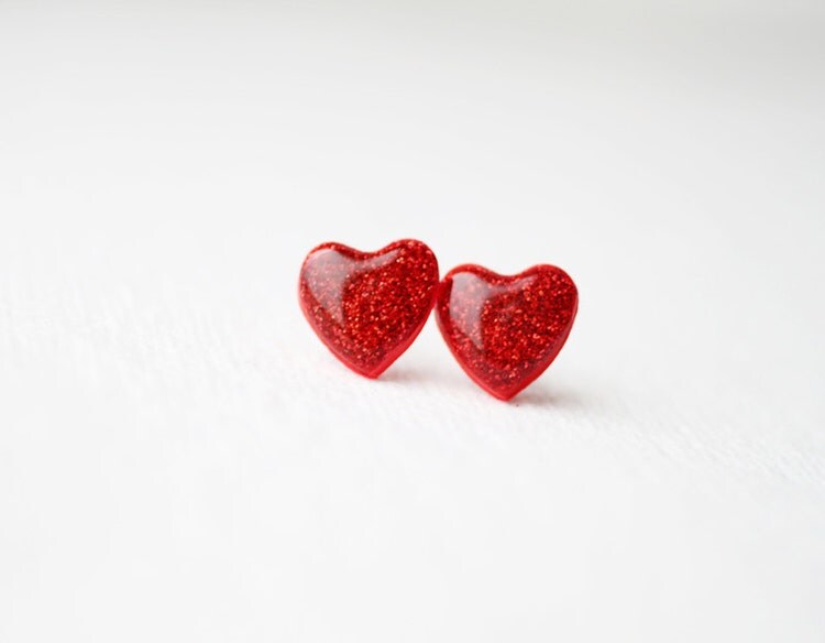 Red Glitter Hearts Stud Earrings by smafactory on Etsy