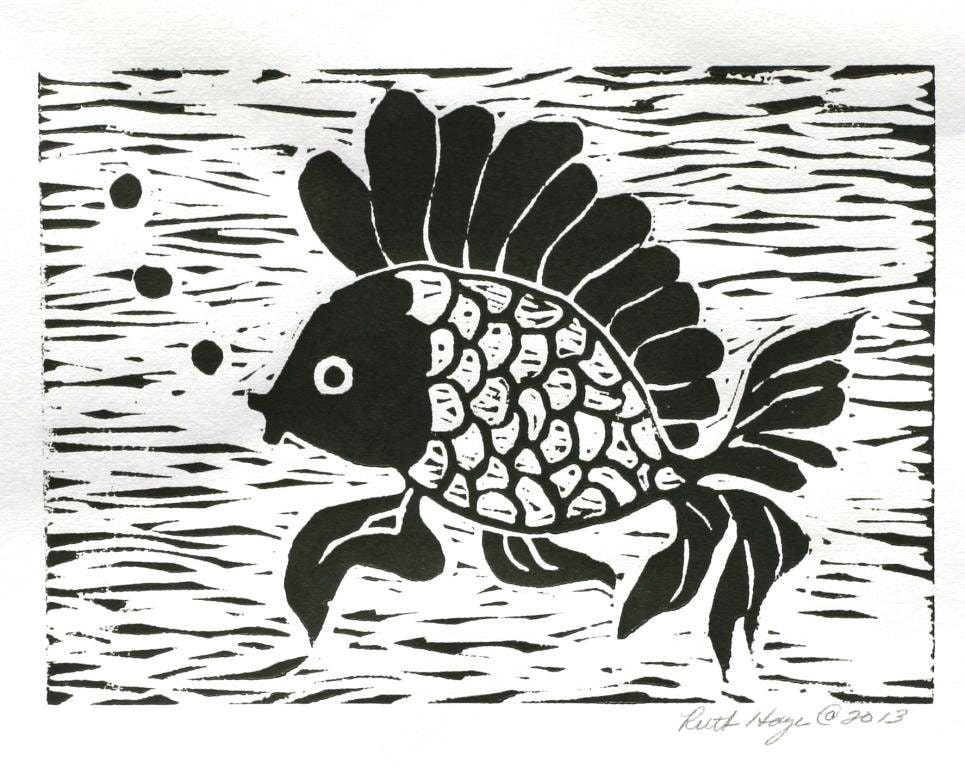 Whimsical fish print 5x7 original linocut art black abstract