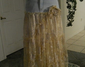 Belle Bohémienne ballroom jean skirt exquisite vintage embroidered French lace ruffled fairy Renaissance Denim Couture Made to Order