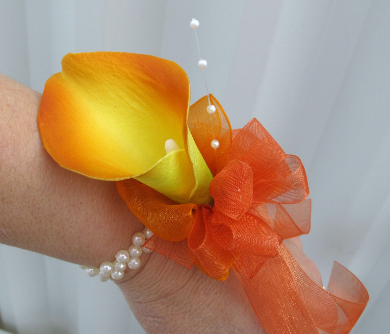 Corsage Orange calla lily Wrist corsage pearl bracelet
