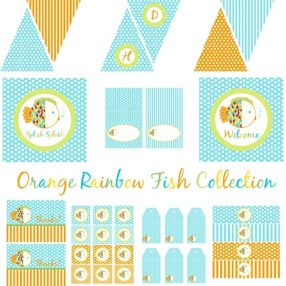 Goldfish Decorations for Birthday Party or Baby Shower - Boys Aqua Orange Rainbow Fish DIY Printable Decor by BeeAndDaisy - Instant Download Il_570xn