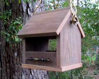 Wooden Bird Feeder, Rustic Reclaimed Natural Weathered Wood Bird Feeder, Antique Brass Chain and Perches