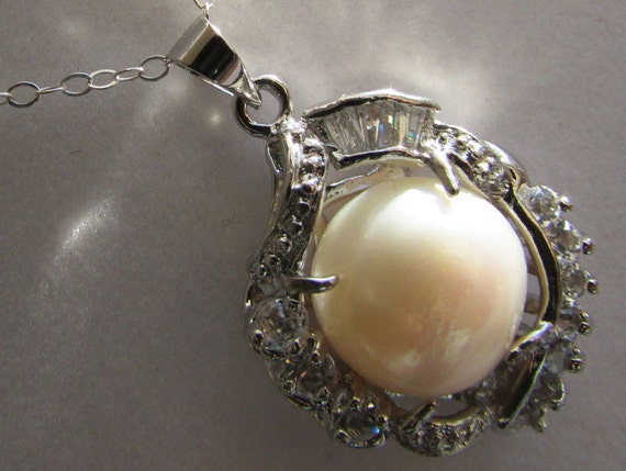 Smooth AA  HUGE Round White Fresh Water Pearl with Crystal Silver Pendant