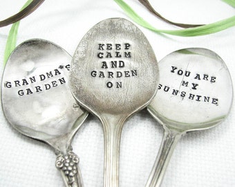 Spoon Garden Markers - Stamped Vintage Silverware, Plant Markers, Custom Sayings, Personalized Garden Decor, Set of 3, 006GDN