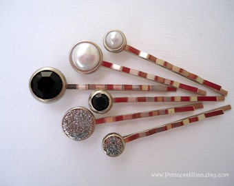 Prom Cabochon hair pins - Classic black silver white pearls and glitters decorative traditional elegant minimalist headpiece TREASURY ITEM