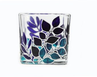 Hand Painted Glass Candle Holder Tea light candle holder hand painted glass stained glass Blue purple turquoise leaves home decor