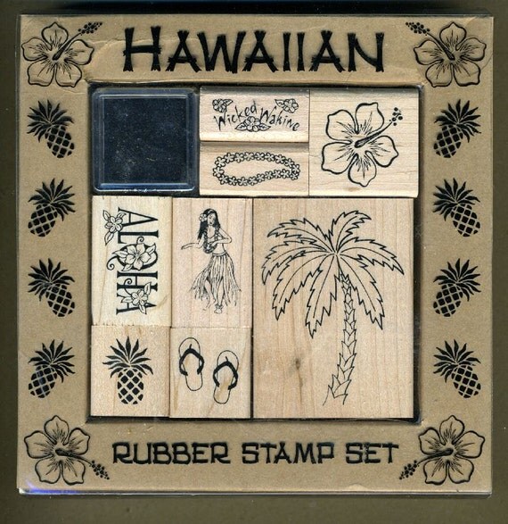 Hawaiian Rubber Stamp Set 8 Stamps Aloha Hula Dancer by