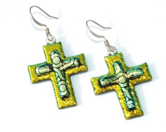 Cross Earrings, Dichroic Fused Glass, Fused Glass Jewelry, Dichroic Earrings, Glass Jewelry, Gold, Yellow, Glitter (Item 30001-E)