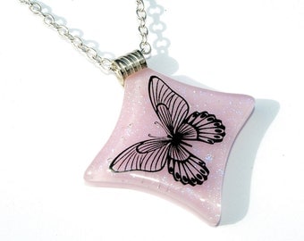 Butterfly Pendant, Fused Glass Jewelry, Dichroic Pendant, Light Pink Pastel, Spring (Item 10006-P)
