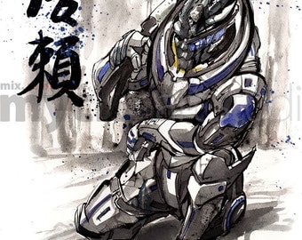 8x10 PRINT Mass Effect Garrus with Sniper Rifle Japanese Calligraphy Trust