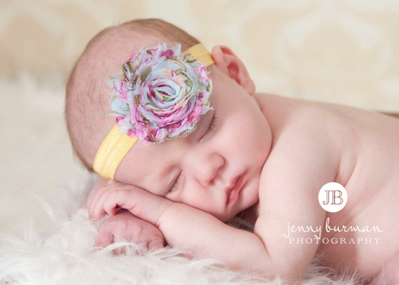 Baby Headband, Shabby Chic Baby Headband,Baby Girl Headband,Flower Headband,Newborn Headband,Baby Bows, Baby Headbands by ThinkPinkBows