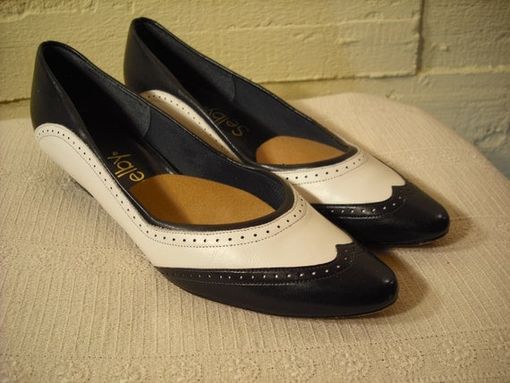 Navy and White Spectator Pumps wing tip brogue style kitten