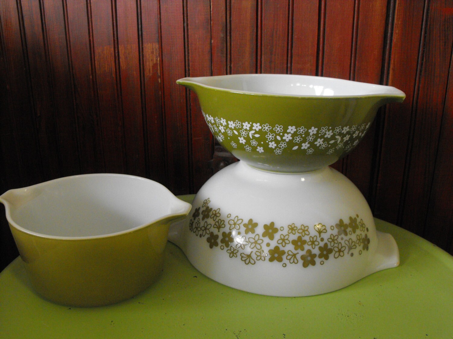 Vintage Pyrex Green Spring Blossom Patterns 1 and 2 by peacenluv72