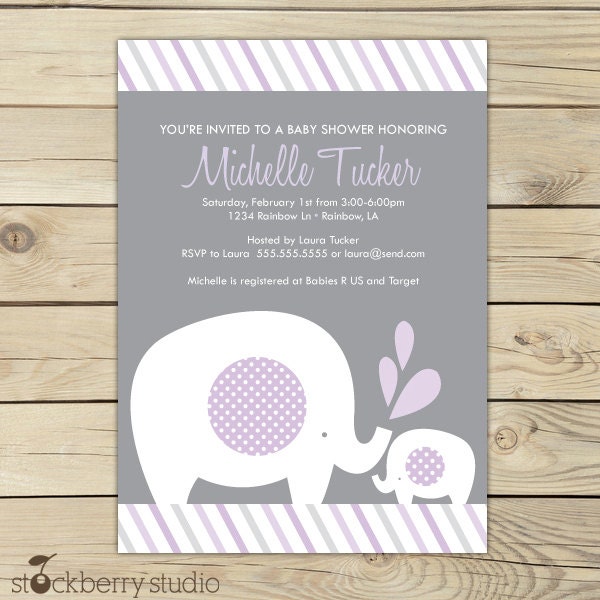 Purple Elephant Baby Shower Invitation Printable Girl