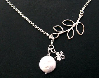 White Pearl Lariat Necklace, Freshwater Pearl Necklace, Pearl Branch Necklace, Pearl Bridesmaid Necklace, Personalized Pearl Jewelry Gift