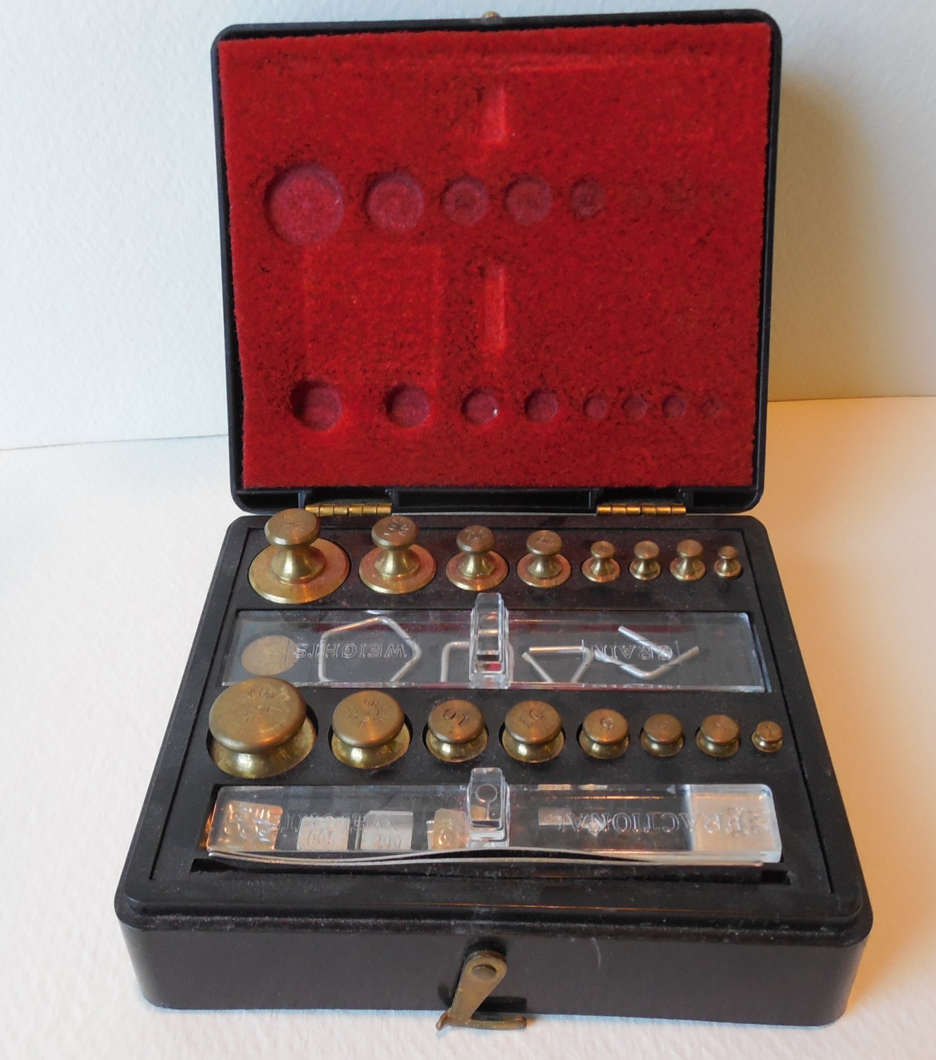 SALE...Vintage Pharmacy Drugstore OHAUS Brass Weight Set in