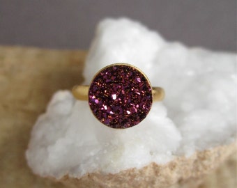 Plum Druzy Ring Titanium Druzy Quartz Gold Vermeil Adjustable Band Brushed