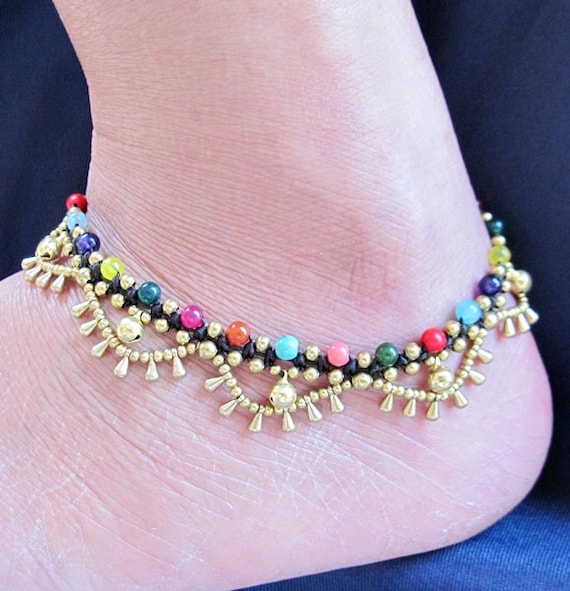 Charm Cascade Ankle Bracelet with Brass Bell and Multi Stones