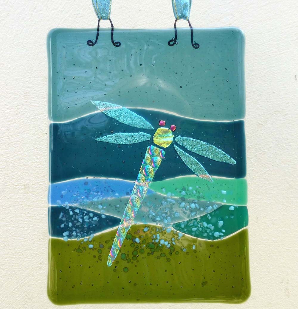 Fused Glass Dragonfly on Pond Hanging Suncatcher panel wall
