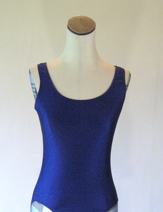 Shiny Dark Blue Ribbed Workout Leotard