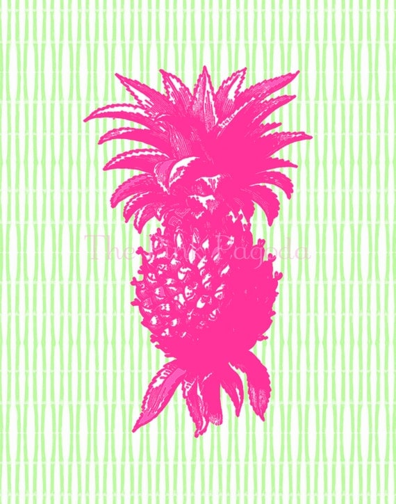 Pink Pineapple on Lime Green Bamboo Stripe Giclee 11x14