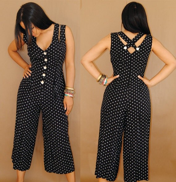 Vintage 90s Jumpsuit / Polka Dot Jumpsuit / Black Palazzo