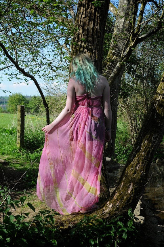 Pink summer maxi dress Pure silk chiffon Boho fairy Long
