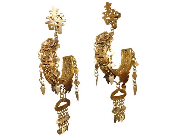 Antique Chinese Earrings Gilt Silver Vermeil Filigree