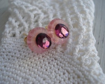 Vintage Antique Lalique Inspired Pink Frosted and Purple Amethyst Faceted Crystal Glass Cabochons Stud Pierced Earrings