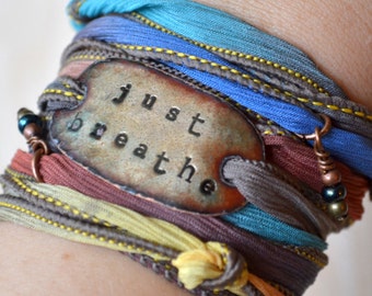 Silk Wrap Bracelet, JUST BREATHE - Silk Wrap Bracelet- just breathe bracelet- boho bracelet, boho- boho jewelry- just breathe