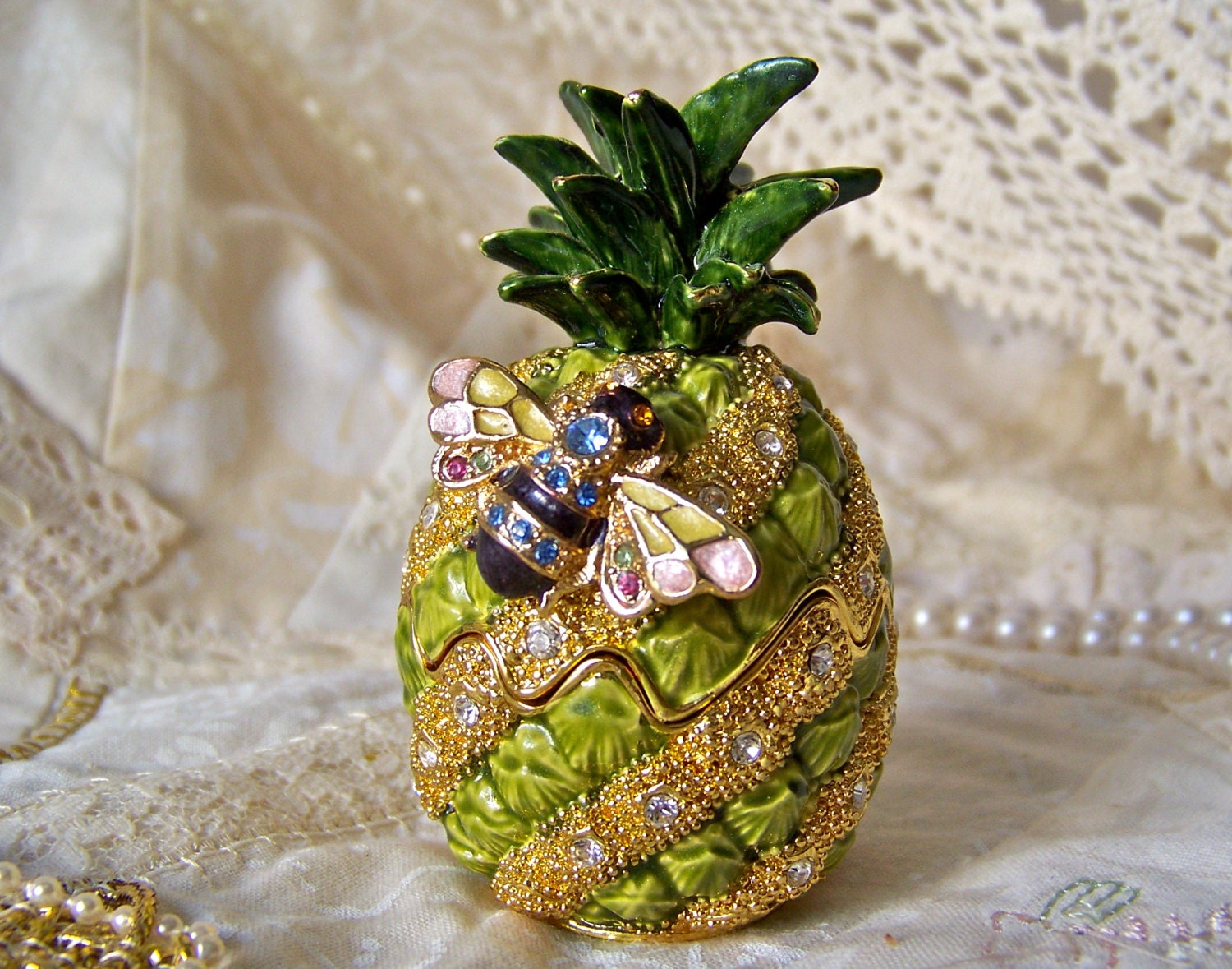 Vintage Pineapple Bejeweled Trinket Box Swarovski Crystals