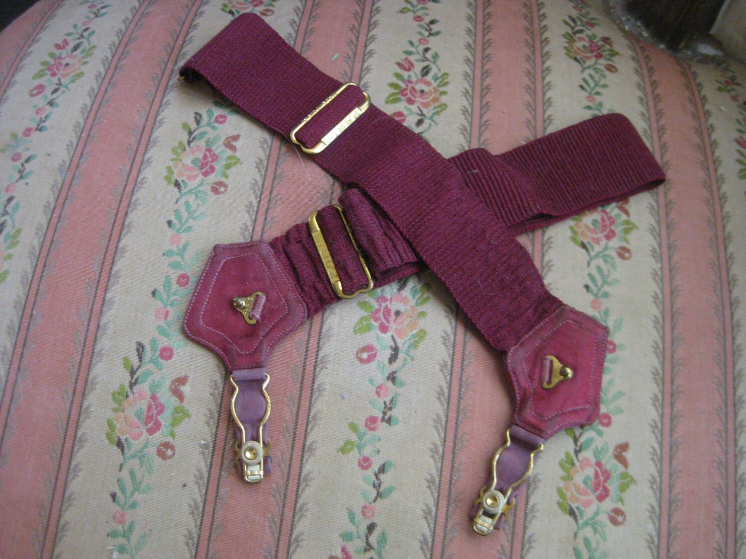 Antique Vintage Mens Sock Garter Straps Maroon Silk By PARIS