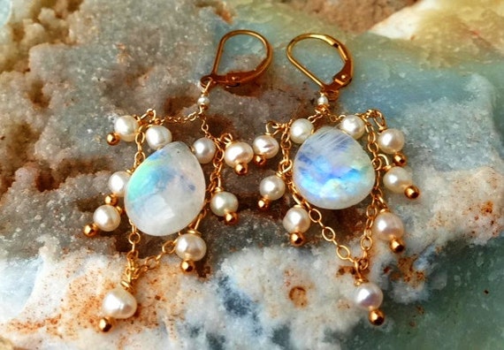 Rainbow moonstone waterfall earrings