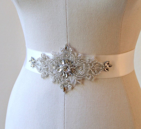 Bridal crystal rhinestone ribbon sash. Beaded applique