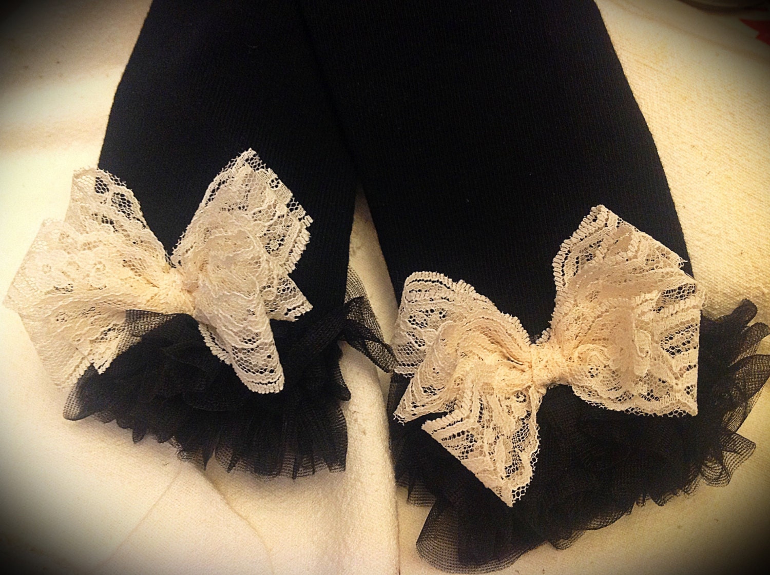 Black Girls Leg Warmers with Vintage Lace by FunkyJunkyPeacock