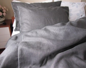 Black Charcoal dark gray linen QUEEN or KING duvet cover with pillow cases - bed linen - luxury elegant bedding by Nurdanceyiz
