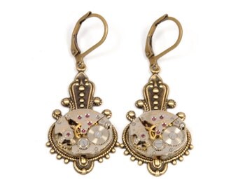 Steampunk Earrings VICTORIAN Steampunk Vintage Watch Earrings Antique Brass Steampunk Wedding Steam Punk Jewelry by Victorian Curiosities