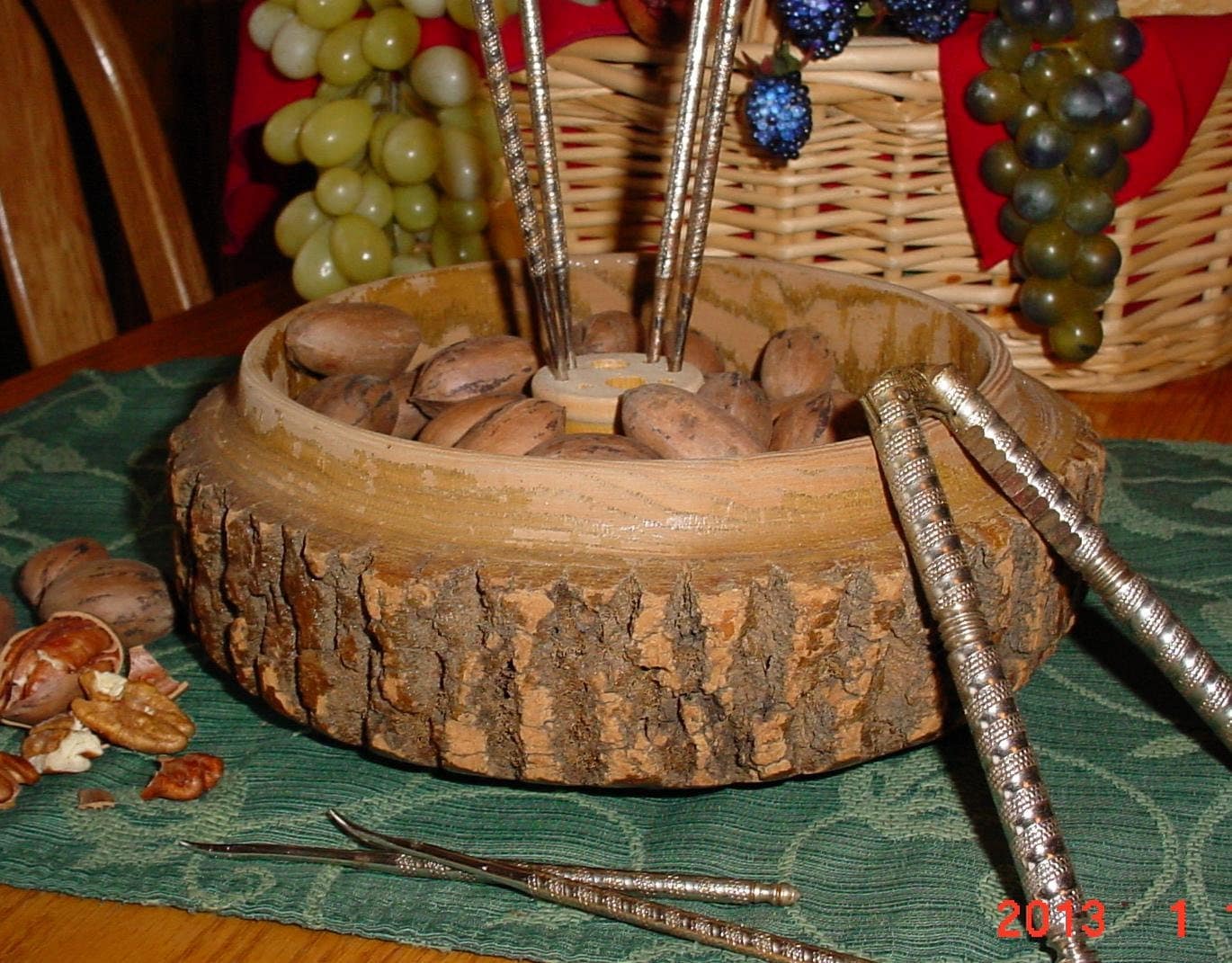 Vintage Nut Cracking Wood Bowl with Cracker and Picks