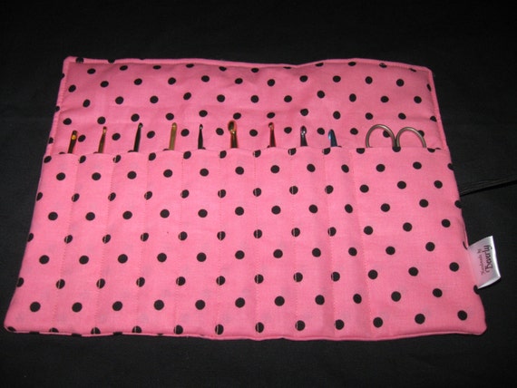 Crochet Hook Organizer/ Holder - Holds 9 Needles and Pair of Scissors - Pink with Black Polka Dots