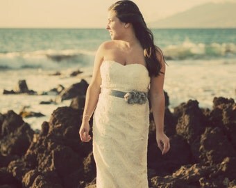 Grey Bridal Sash, Bridal Sash, Wedding Belt, Bridal Belt -Grey Chiffon Bridal Sash Flowers