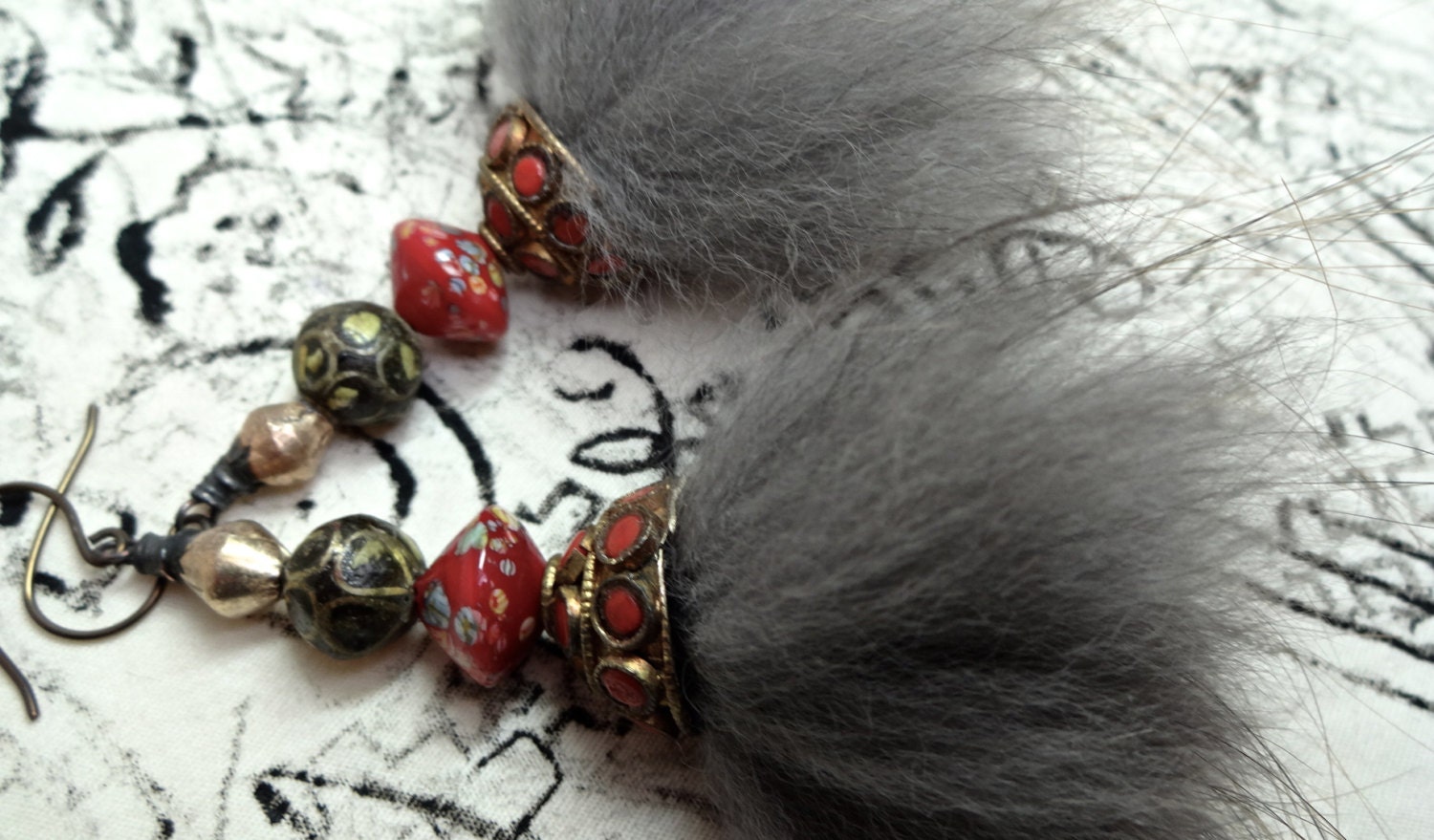 Red tribal fur earrings