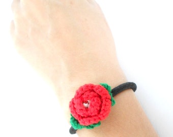 Rose bracelet Hair tie crochet redRED rose 2cm (0.8 inch) green leaf elastic band