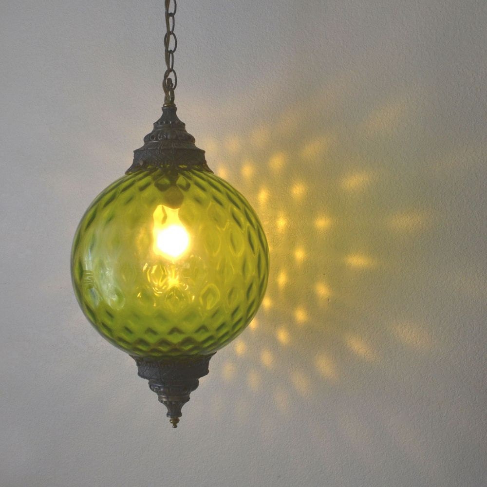 Green Glass Hanging Swag Lamp / Retro Vintage 1960s / 12