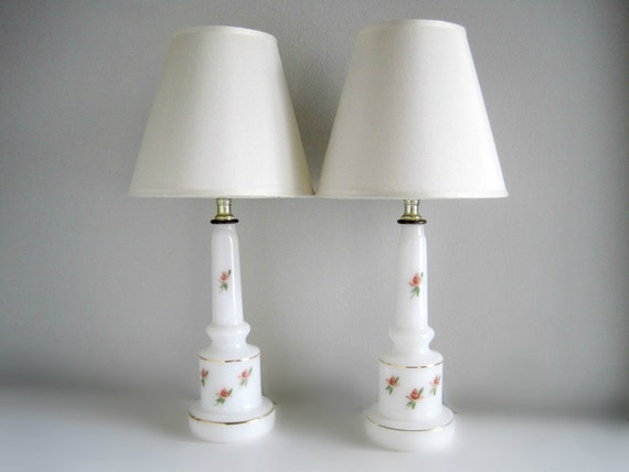 with Milk  Lamp  milk roses w/ Pair  Pair glass Vintage Lamps lamp Glass Bedside Roses of    Lamps